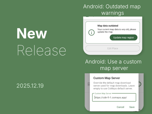 A sharepic showing screenshots of the improved OSM warning with outdated maps and the custom map UX