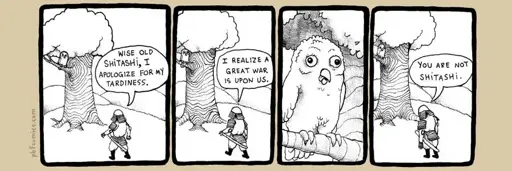 PBF comic: a samurai seeks wisdom from the wise owl shitashi, but the wise owl has been replaced by a dumb one.