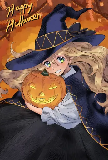 Art of a with with long blond hair holding a carved pumpkin up while smiling to the camera.