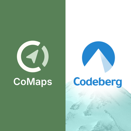 On the left side on an olive green background is the CoMaps logo. On the right, the Codeberg logo with a mountain peak behind the logo.
