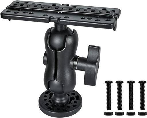 A ball. A socket for the ball, with a twist knob for tightening it. And another socket on the other end for another ball.

It squeezes the two balls tightly to temporarily mount electronics like fish finders.