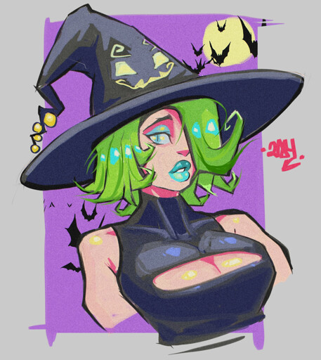 A colored sketch of a witch with green hair on a purple background with bats and a small moon her hat has a grinning face on it