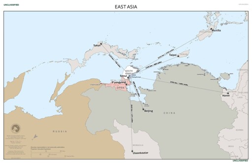 Map showing East Asia centred on South Korea, showing distances between Seoul and capitals of other countries in the region. Oriented so that east is at the top.