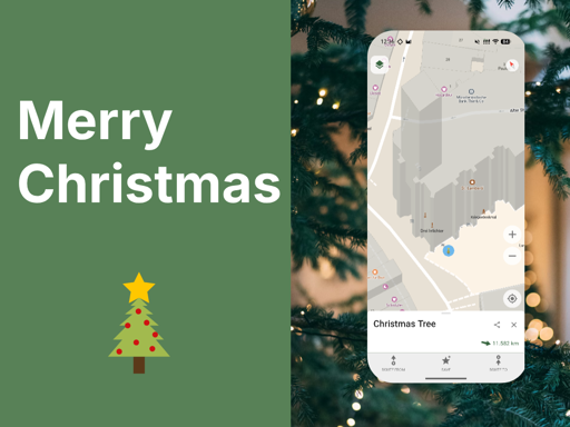 a sharepic with a photo of a christmas tree, overlayed with a comaps screenshot showing a christmas tree too. Next to it the text "Merry Christmas"