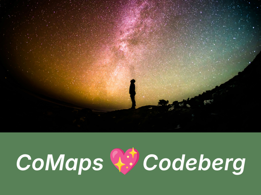 a sharepic showing a nightsky full of stars with a person looking up on top. below it the text "CoMaps 💖 Codeberg"