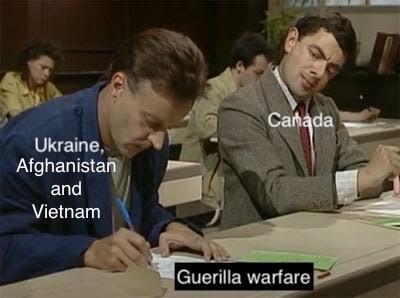Mr bean as Canada taking a test. He is cheating off the man next to him who is labeled Ukraine, Afghanistan and Vietnam