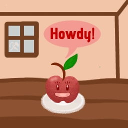 This is a picture of Maya on a plate! An apple with dot eyes and a bandage for a mouth. She's saying "Howdy!" to the reader/viewer.