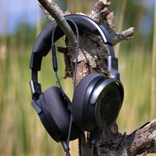 A set of headphones hung from a dead tree branch. The cable wraps around to reveal a small USB-C dongle DAC.