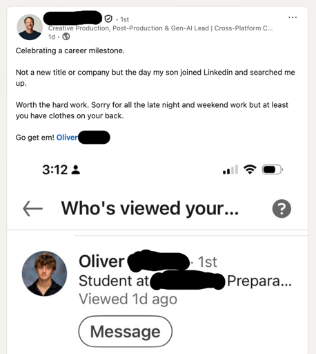 A post from LinkedIn by a guy celebrating the first time his son searched him up on LinkedIn. 