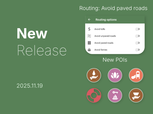 a share-pic showing the "avoid unpaved road" option and some of the new POI